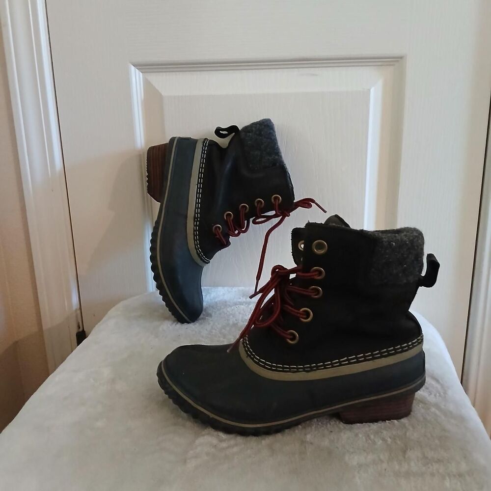 Sorel Slimpack Lace II Black Rubber Wool Cuff Duck Boots 7.5 Gorpcore Preppy